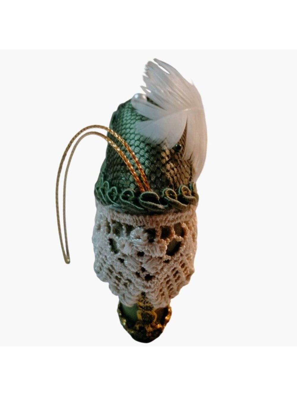 Victorian Style Shoe Ornament Lace Feather Pearl Jeweled Green Gold - Picture 7 of 11